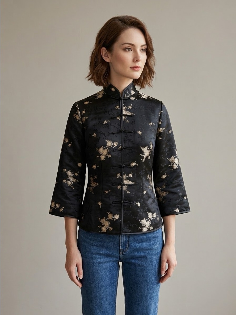Vintage Chinese Black Satin Silk Blend Brocade Blouse - Small